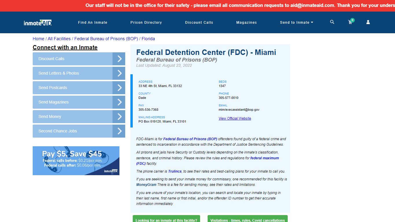 Federal Detention Center (FDC) - Miami - Federal Inmate Locator - FL